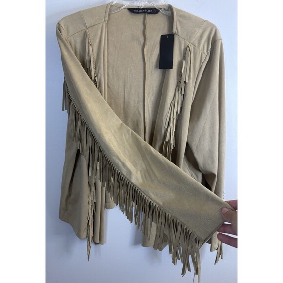 COLLEEN LOPEZ Faux Suede Fringe Open Jacket 1X Drape 3/4 Sleeve Tan Western - Picture 5 of 10